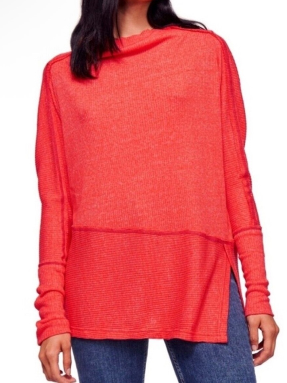 Free People We The Free Londontown Red Ribbed Thermal Cowl Neck Top Size Large